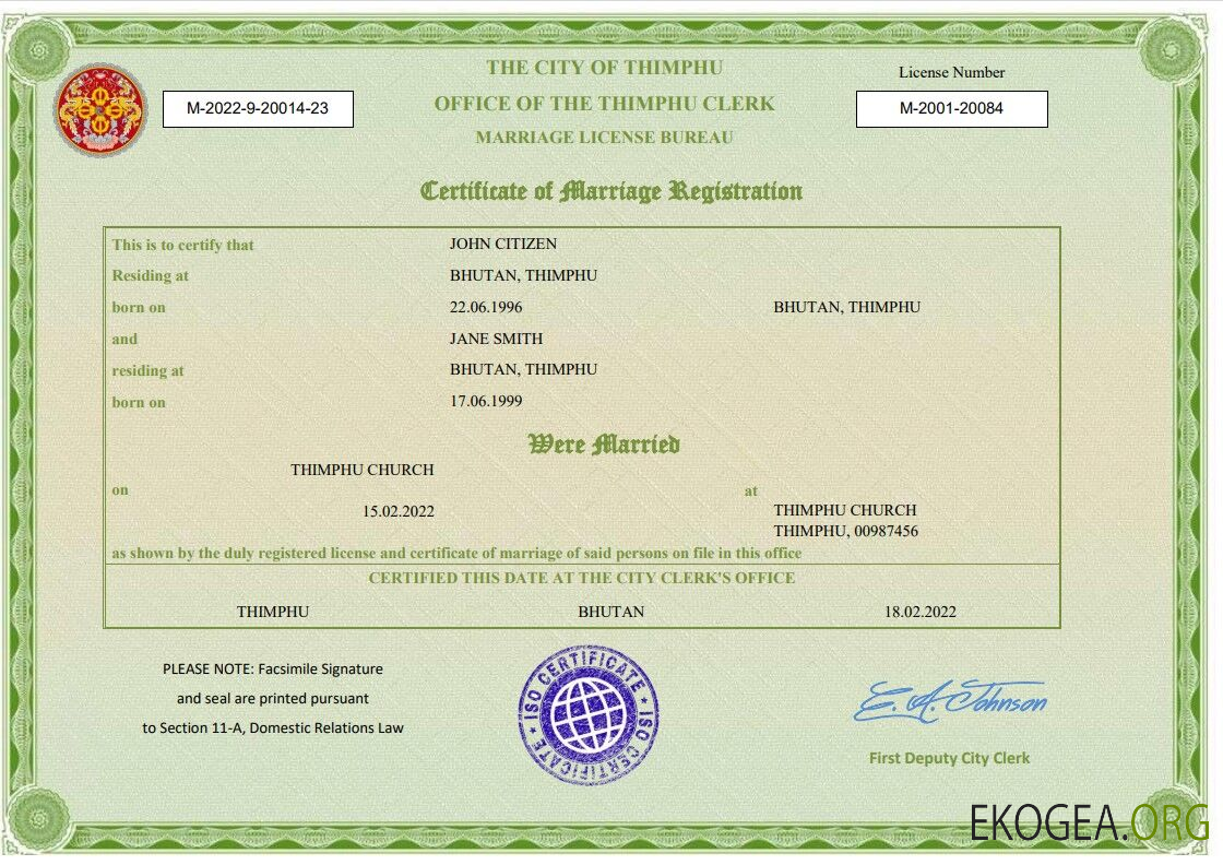 Modèle Word et PDF de certificat de mariage au Bhoutan